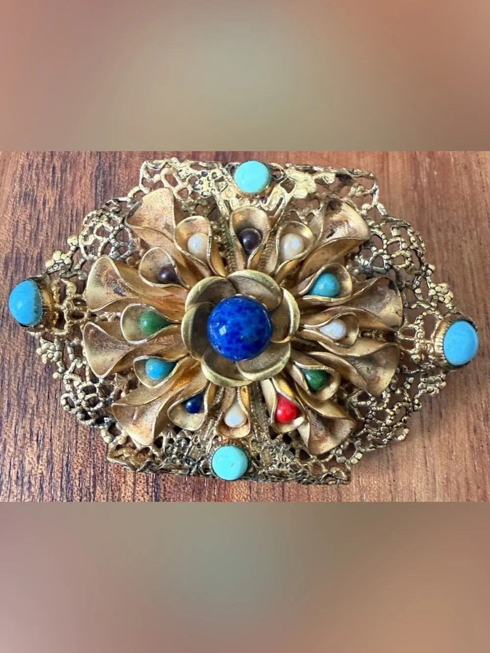Vintage Gold Tone Filigree Brooch with Blue and Turquoise Plastic Accents